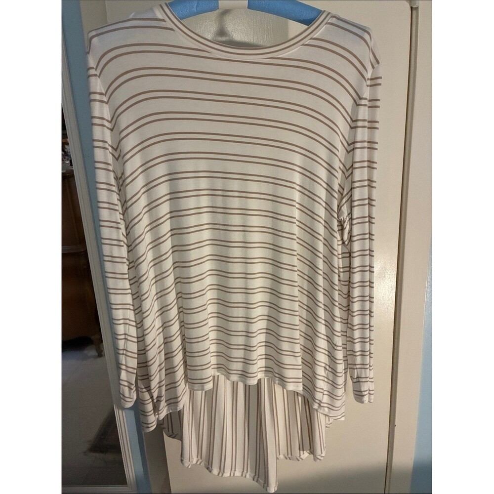 Soft Surroundings Cream and Tan Striped Long-Sleeve Tunic, High/Low hem